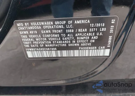 2014 Volkswagen Passat 1.8T Se из США, поврежденный, VIN 1VWBS7A3XEC061895